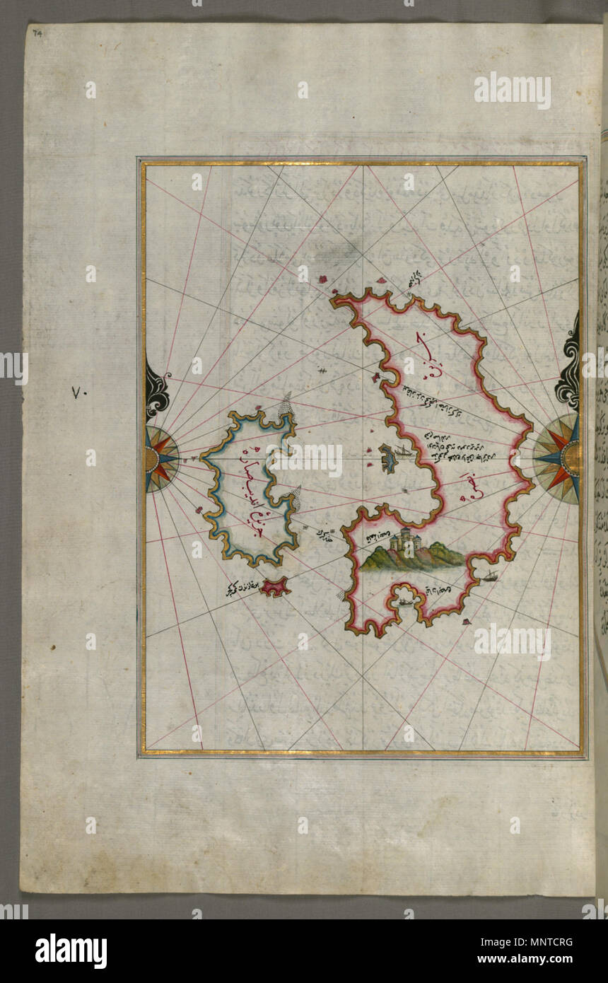 Piri Reis (Turco, 1465-1555). "Foglia dal libro sulla navigazione,' XVII - XVIII secolo. inchiostro, vernice e oro su carta. Walters Art Museum (W.658.74a): acquistato da Henry Walters. W.658.74a 1004 Piri Reis - Mappa dell'isola di Psara ad ovest di Chios - Walters W65874A - Pagina completa Foto Stock