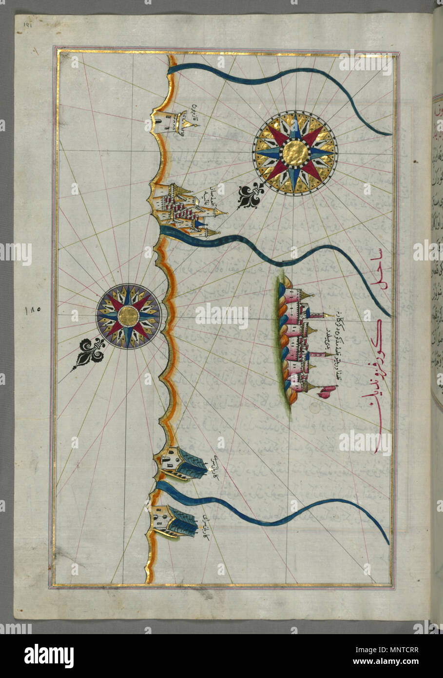 Piri Reis (Turco, 1465-1555). "Foglia dal libro sulla navigazione,' XVII - XVIII secolo. inchiostro, vernice e oro su carta. Walters Art Museum (W.658.191A): acquistato da Henry Walters. W.658.191un 1004 Piri Reis - Mappa della città di Urbino e la zona circostante - Walters W658191A - Pagina completa Foto Stock