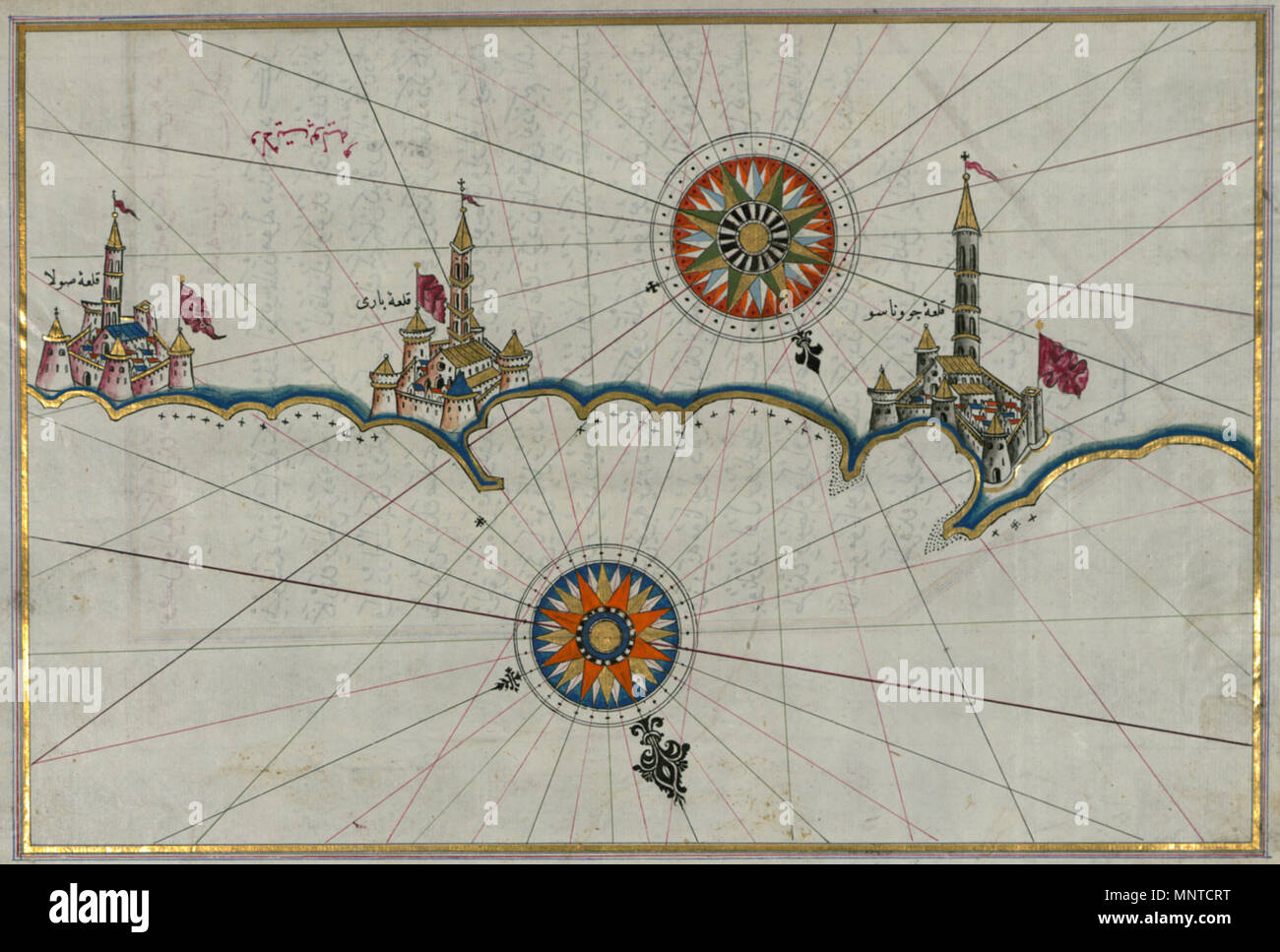 Piri Reis (Turco, 1465-1555). "Foglia dal libro sulla navigazione,' XVII - XVIII secolo. inchiostro, vernice e oro su carta. Walters Art Museum (W.658.203A): acquistato da Henry Walters. W.658.203un 1004 Piri Reis - Mappa della città di Bari e dintorni - Walters W658203A - ruotato Foto Stock