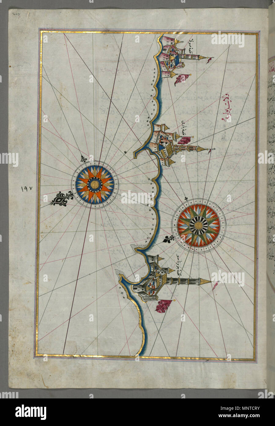 Piri Reis (Turco, 1465-1555). "Foglia dal libro sulla navigazione,' XVII - XVIII secolo. inchiostro, vernice e oro su carta. Walters Art Museum (W.658.203A): acquistato da Henry Walters. W.658.203un 1004 Piri Reis - Mappa della città di Bari e dintorni - Walters W658203A - Pagina completa Foto Stock