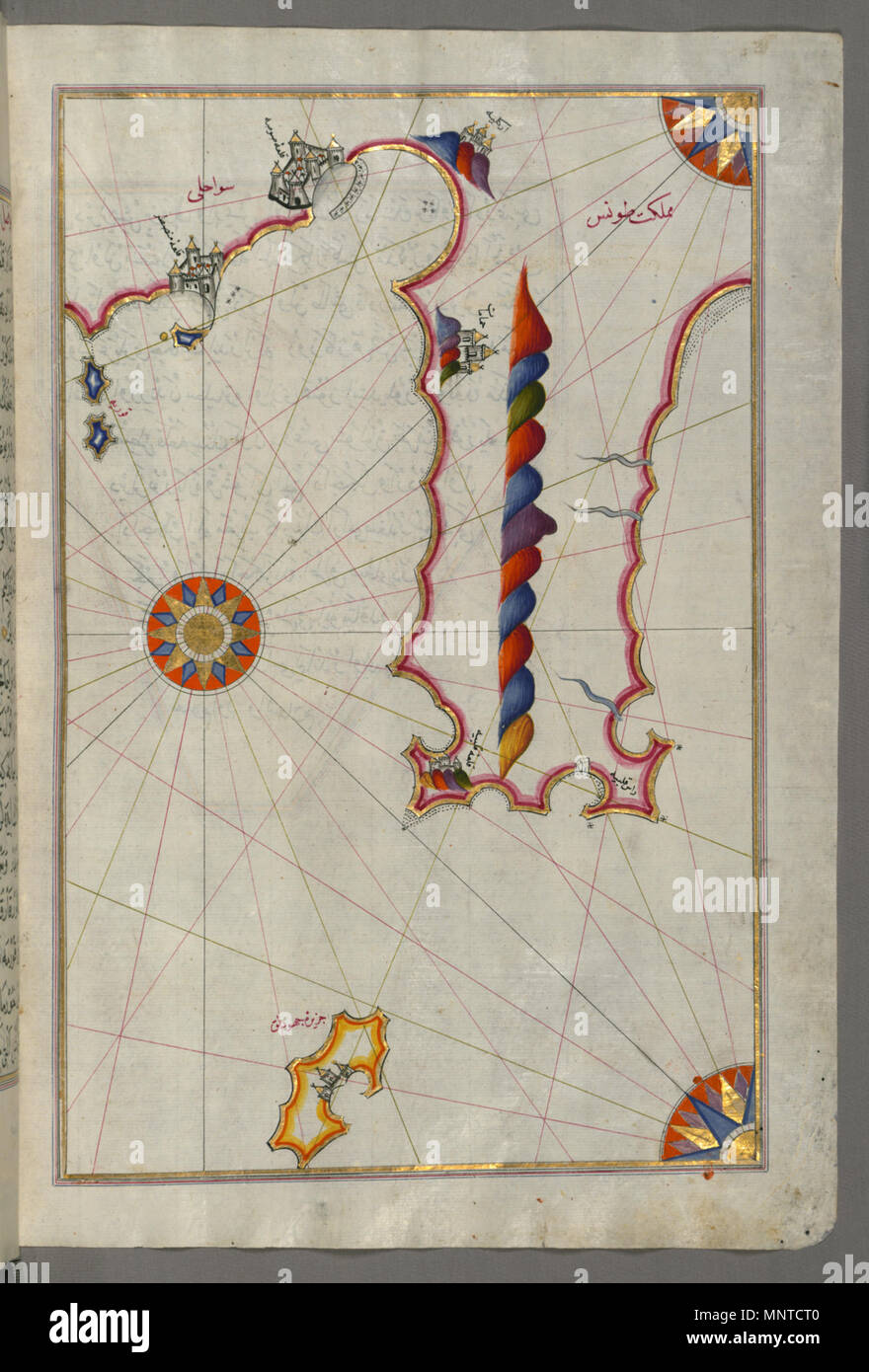 Piri Reis (Turco, 1465-1555). "Foglia dal libro sulla navigazione,' XVII - XVIII secolo. inchiostro, vernice e oro su carta. Walters Art Museum (W.658.281B): acquistato da Henry Walters. W.658.281b 1004 Piri Reis - Mappa della costa tunisina con le città di Kelibia, Hammamet, Sousse e Monastir - Walters W658281B - Pagina completa Foto Stock