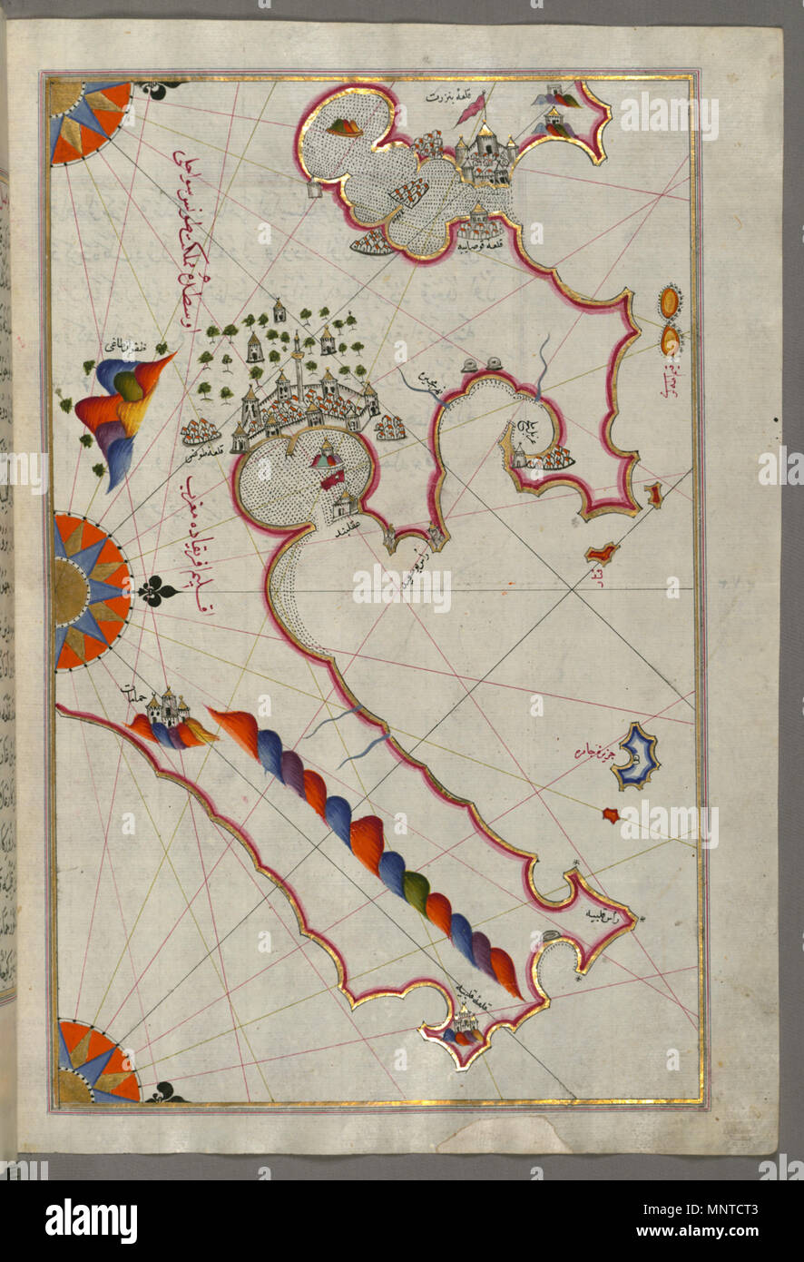 Piri Reis (Turco, 1465-1555). "Foglia dal libro sulla navigazione,' XVII - XVIII secolo. inchiostro, vernice e oro su carta. Walters Art Museum (W.658.279B): acquistato da Henry Walters. W.658.279b 1004 Piri Reis - Mappa della costa tunisina con i porti di Bizerte e Tunisi quanto Kelibia - Walters W658279B - Pagina completa Foto Stock