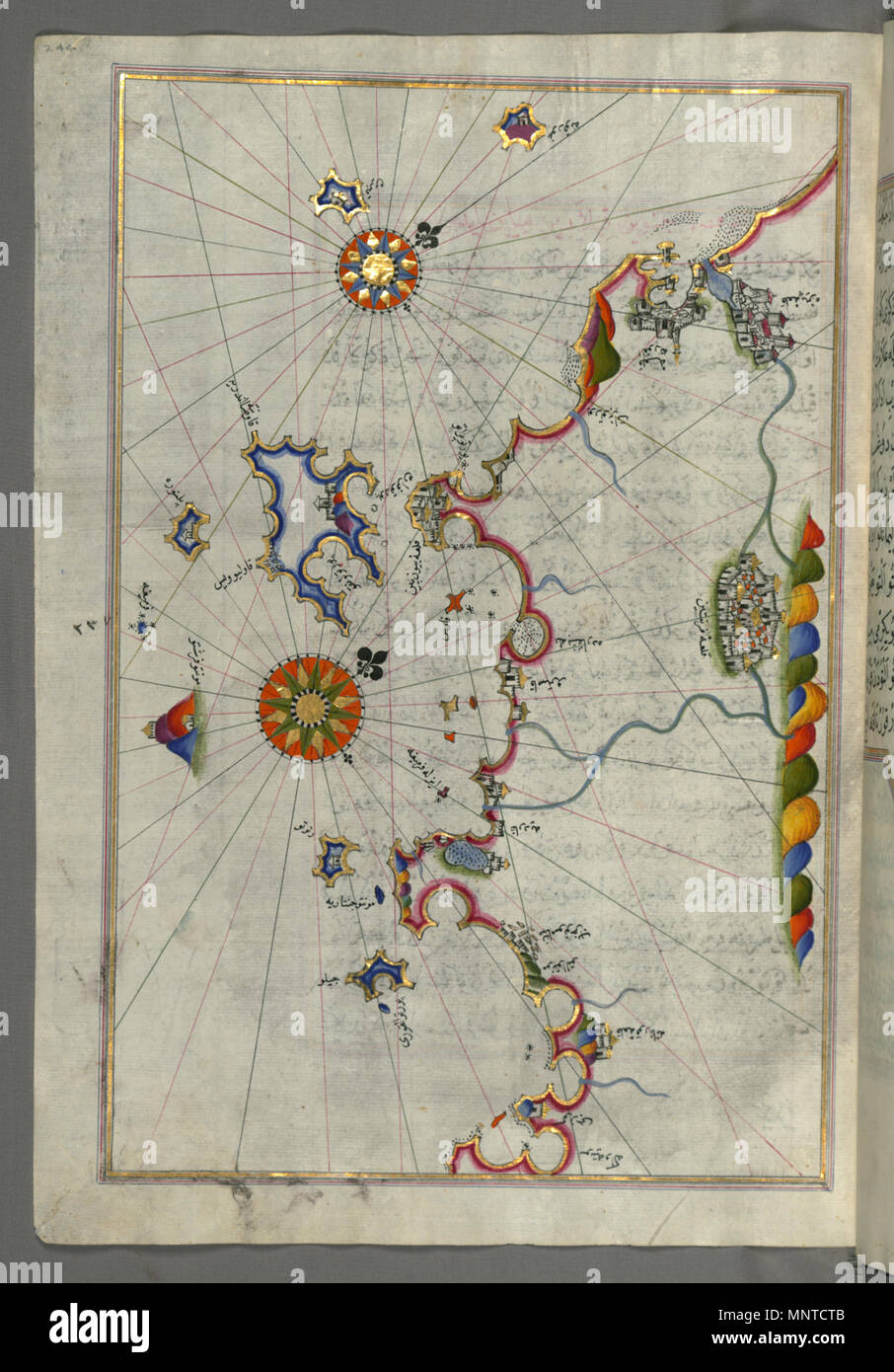 Piri Reis (Turco, 1465-1555). "Foglia dal libro sulla navigazione,' XVII - XVIII secolo. inchiostro, vernice e oro su carta. Walters Art Museum (W.658.244A): acquistato da Henry Walters. W.658.244un 1004 Piri Reis - Mappa della costa occidentale italiana per quanto riguarda la città di Pisa - Walters W658244A - Pagina completa Foto Stock