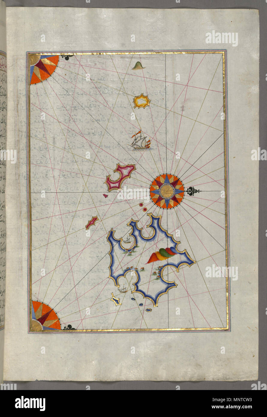 Piri Reis (Turco, 1465-1555). "Foglia dal libro sulla navigazione,' XVII - XVIII secolo. inchiostro, vernice e oro su carta. Walters Art Museum (W.658.155B): acquistato da Henry Walters. W.658.155b 1004 Piri Reis - Mappa di due Unnamed isola tra Dubrovnik e Split - Walters W658155B - Pagina completa Foto Stock