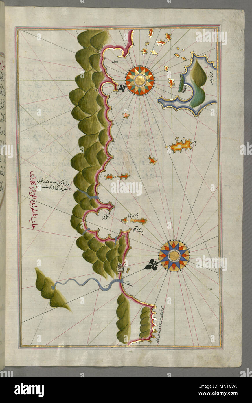 Piri Reis (Turco, 1465-1555). "Foglia dal libro sulla navigazione,' XVII - XVIII secolo. inchiostro, vernice e oro su carta. Walters Art Museum (W.658.339B): acquistato da Henry Walters. W.658.339b 1004 Piri Reis - Mappa di Unidentified isole al largo del Sud Costa anatolica - Walters W658339B - Pagina completa Foto Stock