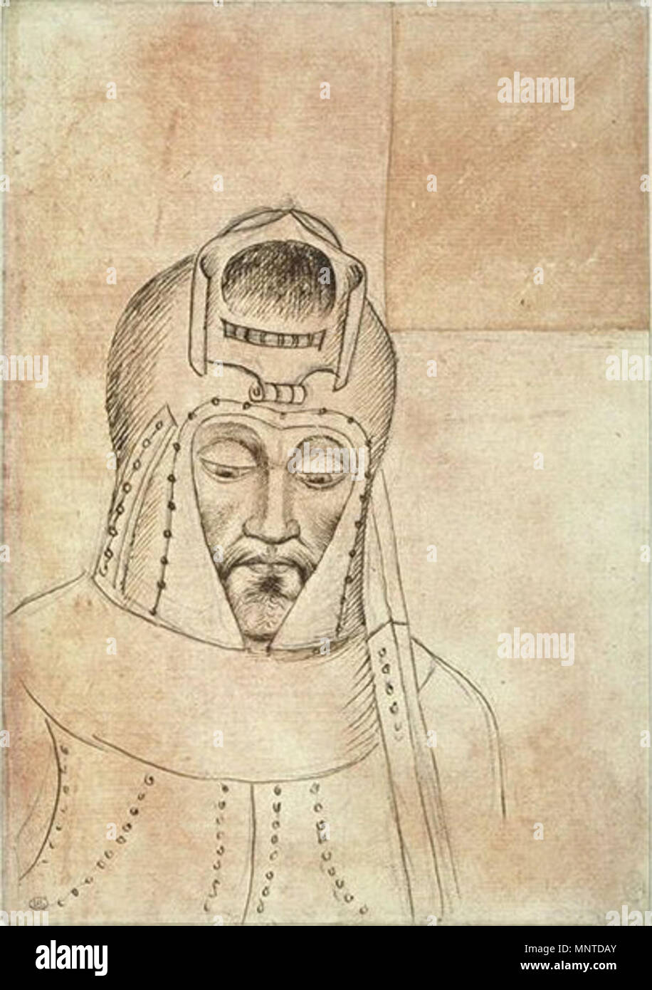 Français : Soldat casqué, vu en buste, les yeux baissés xv secolo. 1006 Pisanello - Codex Vallardi 2611 Foto Stock