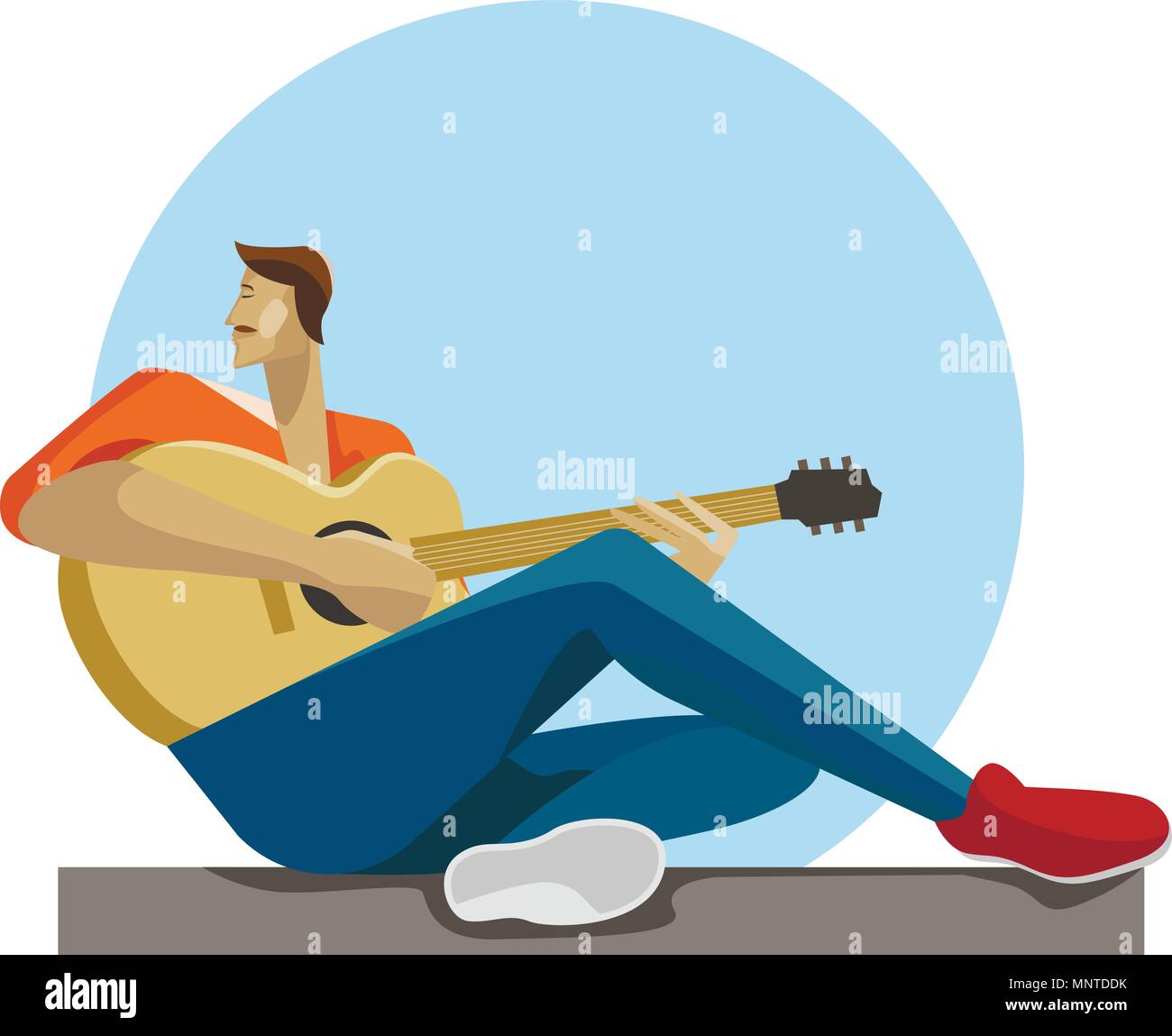 Musicista caucasica seduto con la chitarra in mani. Hipster uomo suonare la chitarra acustica. Illustrazione Vettoriale