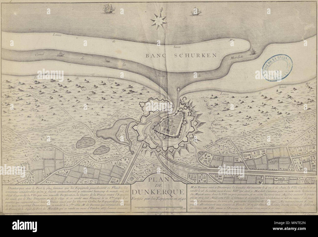 . Français : Plan de Dunkerque et de ses fortificazioni, entre 1658 (conquête anglaise) et 1662 (achat par la Francia). Inglese: Mappa di Dunkerque e le sue fortificazioni, tra 1658 (inglese conquista) e 1662 (acquisto dalla Francia). circa 1660. Ou Inconnu anonyme 1008 Plan de Dunkerque vers 1660 avant rachat par Louis XIV et travaux de Vauban Foto Stock