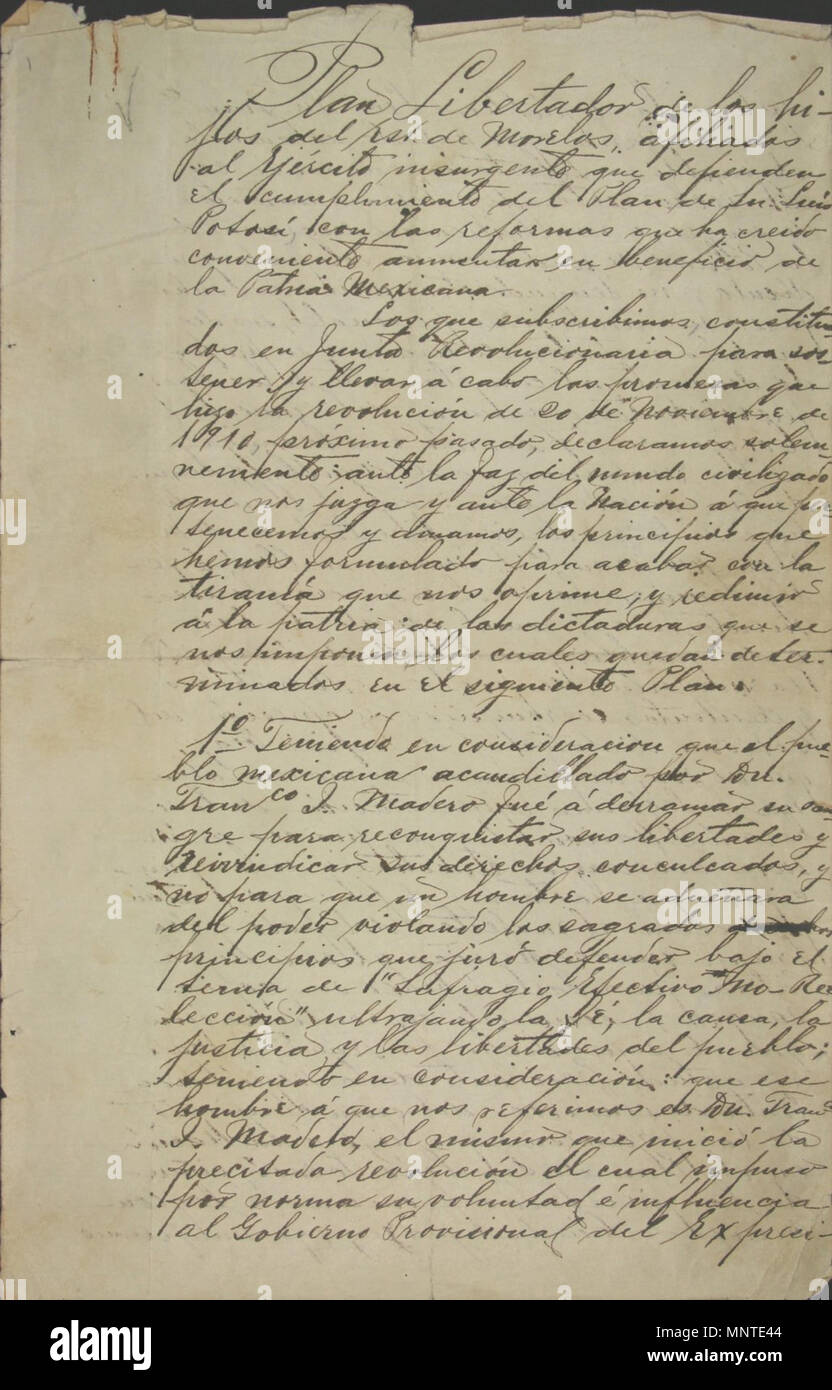 Русский: План Айяла Français : Plan d'Ayala inglese: Piano di Ayala 中文: 阿亚拉计划 Português: Plano de Ayala العربية: خطة أيالا Español: Plan de Ayala . Русский: Джон Уомак, историк мексиканской революции, назвал План Айяла 'Священным Писанием' сапатистов. План, составленный Эмилиано Сапата и Отилио Монтаньо и подписанный 25 ноября 1911 года, был провозглашен в Айяла (штат Морелос) 28 ноября того же года. Он стал идеологической основой для сапатистов восставших после их разрыва с инициатором мексиканской революции - Франсиско I. Мадеро. План не только объявляет изменником Мадеро, занимавшего более Foto Stock