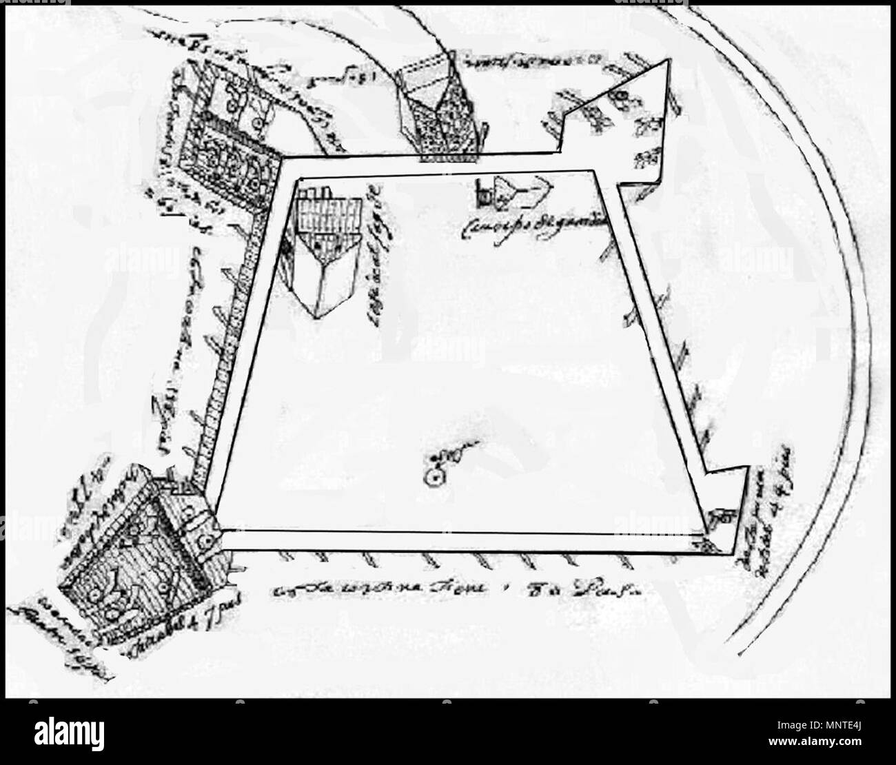 . Inglese: Pianoforte del Fuerte de San Agustin de la Florida. Una vista in pianta di una delle primissime spagnolo forti costruiti a sant'Agostino, con le figure del giorno e notte sentinelle, i luoghi dove i soldati lotta, cannone, ecc. 17 marzo 2014, 19:19:28. Unknown 1009 Piano d'inizio fort a sant'Agostino Foto Stock