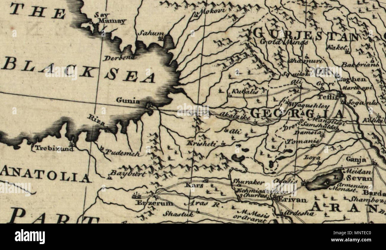 . Inglese: Gurjestan o Georgia dalla mappa dell'Impero persiano nel 1747 al tempo della Dinastia Afsharid فارسی: نقشهٔ امپراطوری ایران در سال ۱۷۴۷ میلادی برابر ۱۱۲۶ با و خورشیدی ۱۱۶۰ قمری در زمان دودمان افشاریان . 1747. Il persiano(l'IRAN) Impero 1747.jpg: Bowen - un sistema completo di geografia 974 Persiano(l'IRAN) Impero 1747 (A) Foto Stock