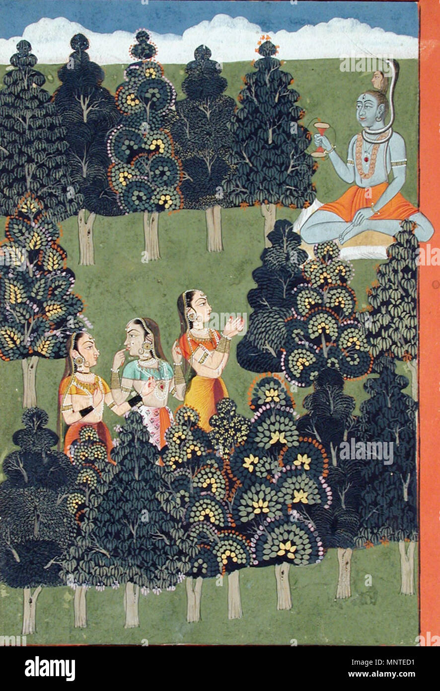 . Inglese: Titolo serie: La canzone del pastore o Signore Oscuro Nome Suite: Gita Govinda Data di creazione: ca. 1705 Dimensioni display: 8 1/8 in. x 5 21/32 in. (20,6 cm x 14,4 cm) Linea di credito: Edwin Binney terza raccolta numero di adesione: 1990.795 Collezione: <a href='http://www.sdmart.org/art/our-collection/asian-art' rel="nofollow">Il San Diego Museum of Art</a> . Il 25 aprile 2002, 10:12:32. Inglese: thesandiegomuseumofartcollection 1126 Siva come un asceta è accolto da tre donne (6124564765) Foto Stock