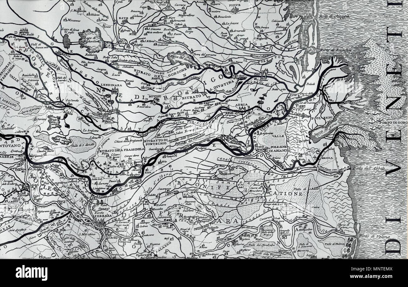 . Inglese: questa è una foto di una parte della mappa storica denominata: "COROGRAFIA DELLO STATO DI FERRARA CON LE VICINE PARTICOL DELLI ALTRI STAZIO CHE LO CIRCONDANO' conservato co l'archivio comunale di Ferrara. La mappa è stata raffigurata nel 1603 dopo Cristo - La foto è stata fatta in 12 febbraio 2007.. http://commons.wikimedia.org/wiki/User:Nerijp - D.V.B. Santits 1011 Polesine Foto Stock
