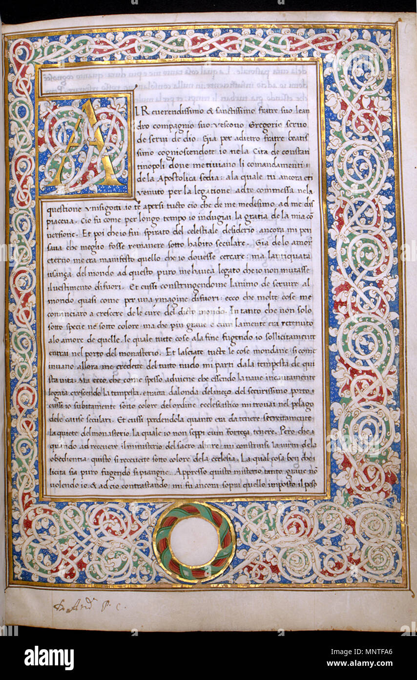 Gregorio Magno. "Foglia dal Moralia in Job", ca. 1480. inchiostro, vernice e il rosso e il verde e il blu-colorato foglia oro su pergamena. Walters Art Museum (W.338.1R): acquistato da Henry Walters. W.338.1R 1013 Papa Gregorio I - foglia da Moralia in Job - Walters W3381R - Aprire complementare Foto Stock