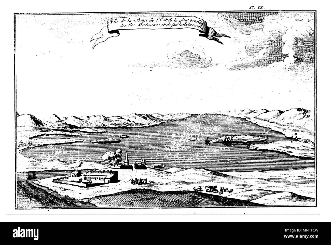 . Vista sulla baia di la più grande delle isole Malouines e la sua dimora. Originale: vue de la Baye de l' Est de la plus grande des îles Malouines et de son dimora. 1769. Antoine-Joseph Pernety 1014 Port-Saint-Louis Foto Stock