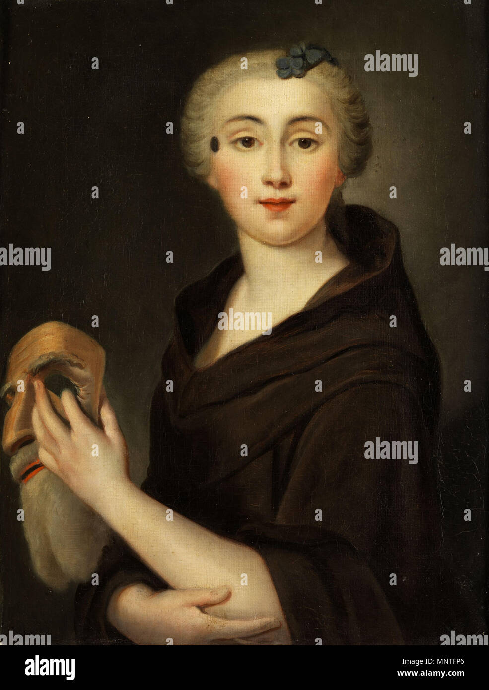 . Portrait einer Dame (im Stil des 18. Jahrhunderts) mit Maske. Maler des 19. Jahrhunderts. Öl auf Leinwand. 34,5 x 26 cm . Xix secolo. Anonimo 1016 Portrait einer Dame mit Maske Foto Stock