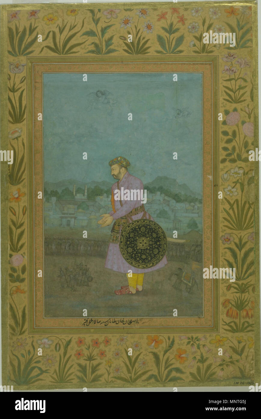 Ritratto di Abu'l'Hasan (Asef Khan) . Questo ritratto di Yamin al-Daula Asaf Khan è stato fatto dai principali di Mughal artista di corte Bichitr ed è datata al terzo anno di regnal dell'imperatore Shah Jahan (r. 1628-1658). Asaf Khan fu l'imperatore del suocero e uno dei suoi più fidati confidenti nonché il suo comandante in capo. La pittura con i suoi putti in bilico nel cielo e prospettiva, mostra la profonda assimilazione di convenzioni europee in arte Mughal 1630-1631 (fatto). 1017 Ritratto di Abu'l'Hasan (Asef Khan) Foto Stock