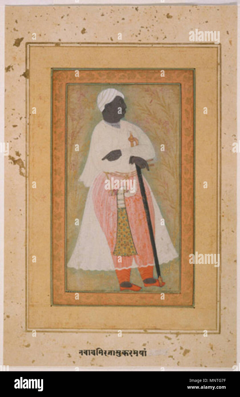 . Inglese: indiani e arte himalayana Ritratto di un Africano reso ufficiale in Ahmadnagar, Deccan, Maharashtra, India c. 1610-20 artista/autore ignoto, India acquerello opaco e oro su carta 9 15/16 x 6 3/8 pollici (25,2 x 16,2 cm) attualmente non in vista 1998-115-1 dono del dottor Alvin O. Bellak, 1998 etichetta lunga e vasta commerce, controllata principalmente dai regnanti sul Deccan plateau, ha avuto luogo tra India e Africa east coast. Questo ritratto di una con la pelle scura uomo in tribunale formale abbigliamento può essere Malik Ambar, un famoso schiavi africani girato Deccani potente guerriero e più. Althoug Foto Stock