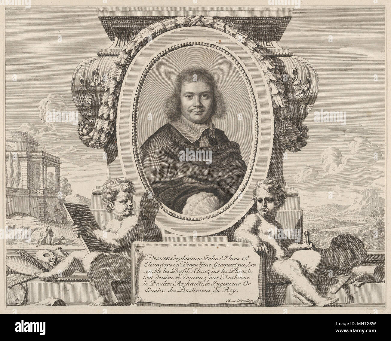 Antoine Lepautre . Inglese: Ritratto di Antoine Lepautre, da Les Oeuvres d'architecture d'Anthoine Le Paultre, architecte ordinaire du Roy . circa 1653. 1018 Ritratto di Antoine Le Pautre da Les oeuvres d'architettura - MMA Foto Stock