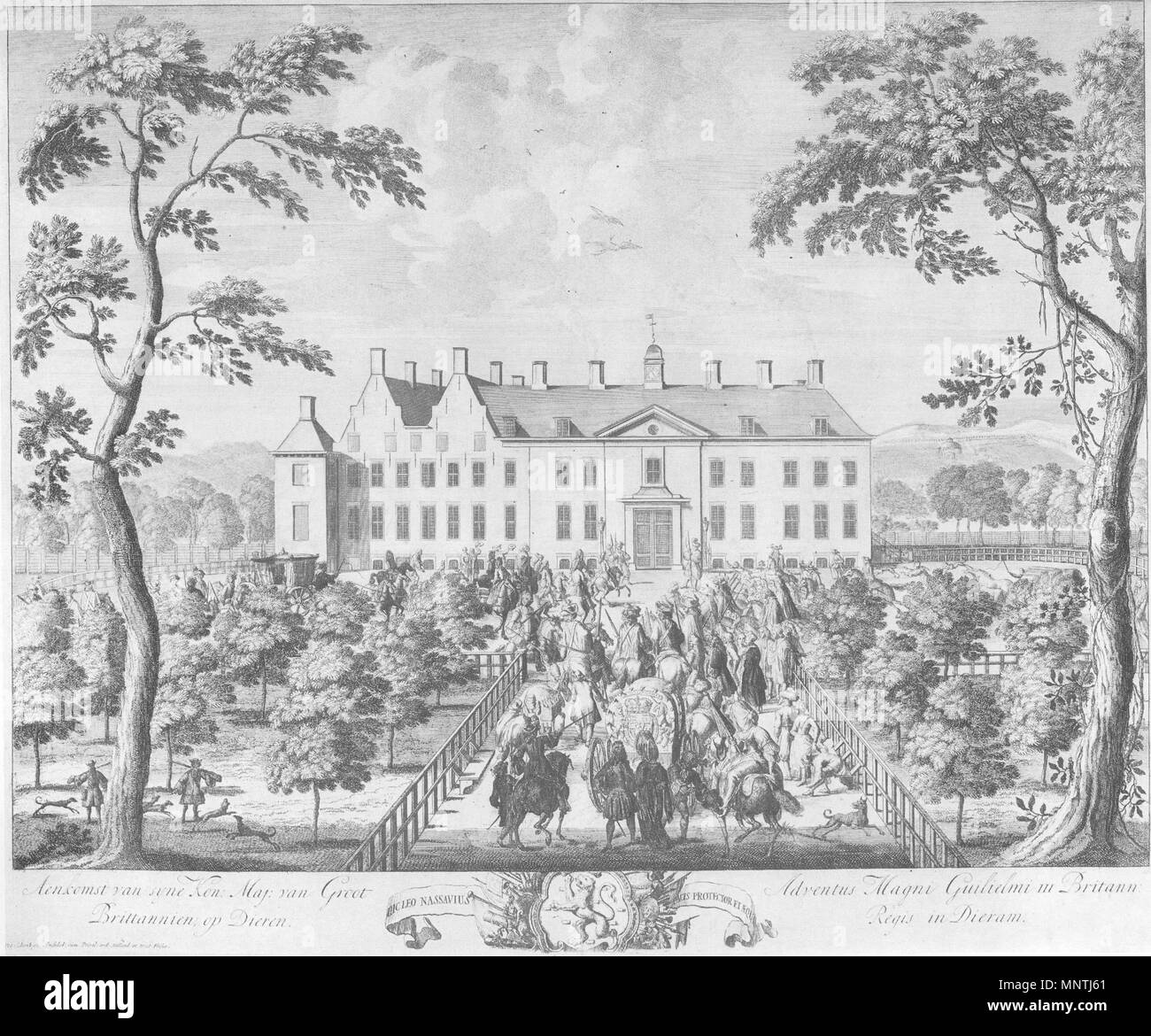 . Arrivo del re Guglielmo III d'Inghilterra (che era anche Guglielmo III d'Orange, Stadtholder olandese) alla sua tenuta a Dieren. 1691. Pieter (o Petrus) Schenk (Pet. Schenk exc. Amstelod) [1][2] 1026 Prent6 aankomst Willem3 Foto Stock