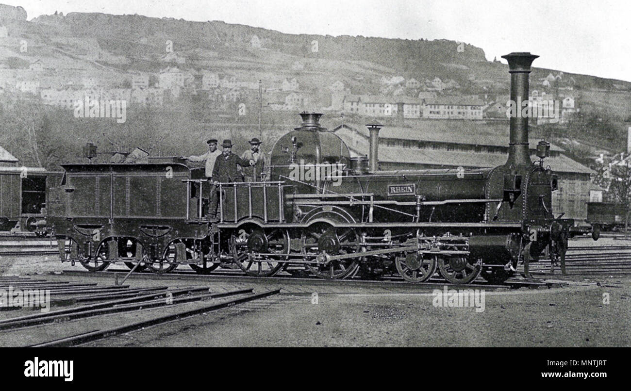 . Dampflokomotive Rhein Der Schweizerische Nordostbahn ihm Hauptbahnhof Zürich. Die Lokomotive stammte von der schweizerischen Nordbahn (Spitznamen: Spanisch-Brötli-Bahn), die am 1. Juli 1853 von der Schweizerische Nordostbahn übernommen wurde. circa 1867. Sconosciuto 817 Lokomotive Rhein 1867 Foto Stock