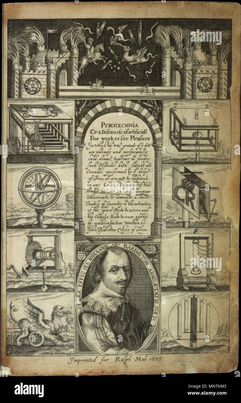 . Titolo pagina di Pyrotechnia o un discorso di Artificiall Fire-works: in cui la vera motivazione di questa tecnica sono chiaramente e perspiciously prevista downe da John Babington (... ulteriori informazioni) . 1635. John Droeshout [1] 1033 Pyrotechnia da John Babington Foto Stock
