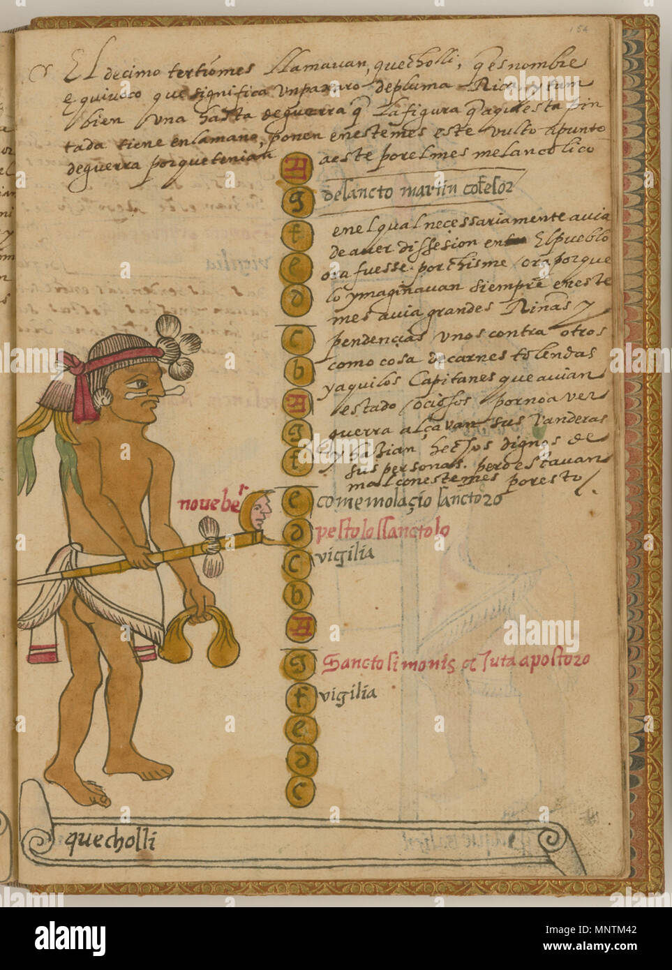Русский: Кечолли, 14-й месяц солнечного календаря ацтеков Français : Quecholli, 14e mois du calendario solaire aztèque inglese: Quecholli, quattordicesimo mese dell'Azteca calendario solare 中文: 阿兹特克太阳历的第 14 个月--珍奇羽毛 Português: Quecholli, o 14º mês do calendário asteca solare العربية: كيتشولي، الشهر الرابع عشر من التقويم الشمسي الأزتكي Español: Quecholli, el decimocuarto mes del calendario solare di azteca . Русский: Кодекс Товара, автором которого считается мексиканский иезуит XVI века Хуан де Товар, содержит подробную информацию об обрядах и церемониях ацтеков (известных также как мешика). Кодекс проиллю Foto Stock