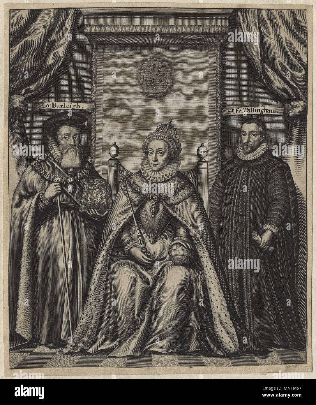 La regina Elisabetta I; Sir Francis Walsingham; William Cecil, primo Baron Burghley 1655. 1035 la regina Elisabetta I; Sir Francis Walsingham; William Cecil, primo Baron Burghley da William Faithorne (2) Foto Stock