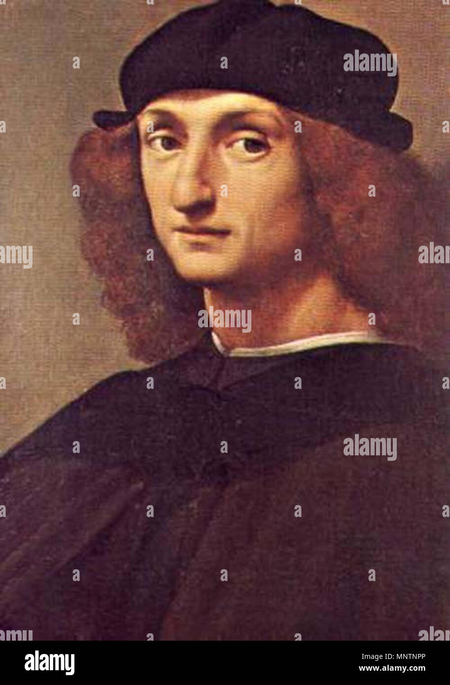 Inglese: Ritratto di un uomo con i capelli lunghi e un cappuccio nero circa 1506. 1042 - Raffaello - Ritratto di un uomo con i capelli lunghi e un cappuccio nero Foto Stock
