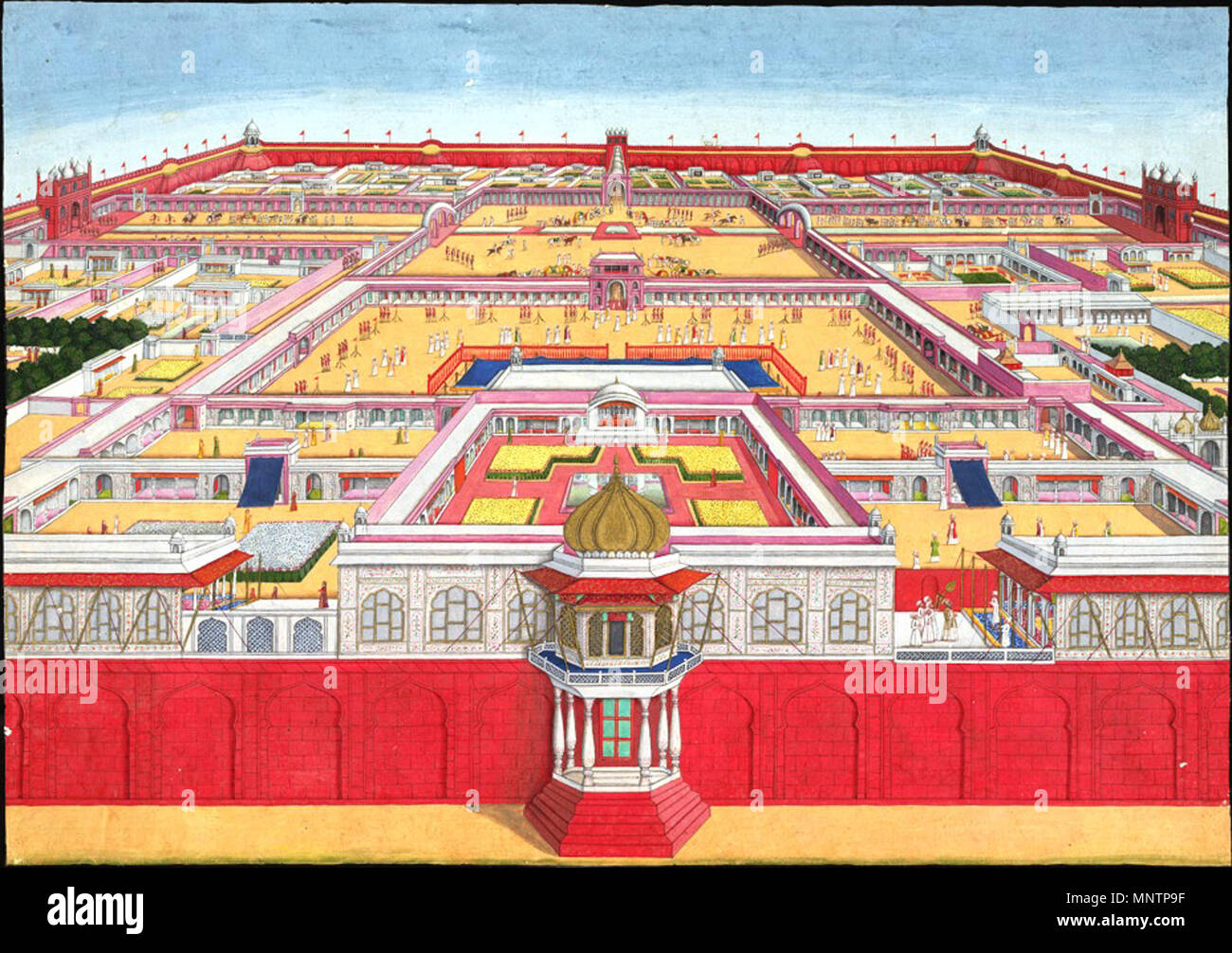 . Inglese: opaco color acqua di una vista panoramica del Forte Rosso a Delhi da est da un anonimo artista che lavora nella città di Lucknow stile, c. 1780-90. Questa vista mostra un imperatore, probabilmente "Shah Alam (1759-1806) immettendo il Diwan-i-Khas (Hall di pubblico privato) sulla destra. Degli edifici in primo piano immediato, il Rang Mahal (colore Palace) è sulla sinistra, il Khwabgah Jharoka (luogo di sogni balcone) nel centro e i moti Masjid (Perla Moschea) sull'estrema destra. Il Forte rosso o Lal Qila, è stato costruito da Shah Jahan (r.1627-58) per la sua nuova città di Shahjahanabad. T Foto Stock . Inglese: opaco color acqua di una vista panoramica del Forte Rosso a Delhi da est da un anonimo artista che lavora nella città di Lucknow stile, c. 1780-90. Questa vista mostra un imperatore, probabilmente "Shah Alam (1759-1806) immettendo il Diwan-i-Khas (Hall di pubblico privato) sulla destra. Degli edifici in primo piano immediato, il Rang Mahal (colore Palace) è sulla sinistra, il Khwabgah Jharoka (luogo di sogni balcone) nel centro e i moti Masjid (Perla Moschea) sull'estrema destra. Il Forte rosso o Lal Qila, è stato costruito da Shah Jahan (r.1627-58) per la sua nuova città di Shahjahanabad. T Foto Stock