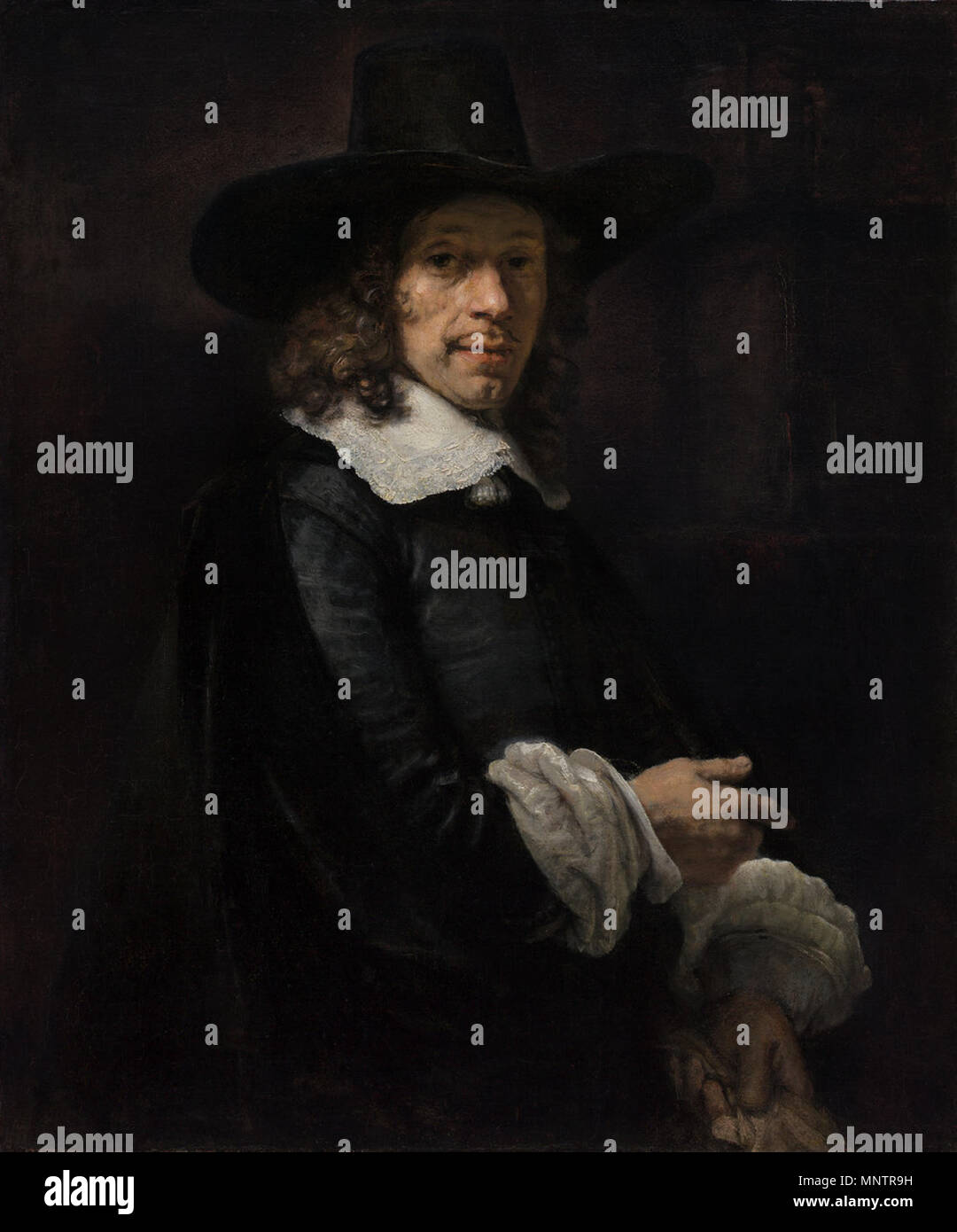 Rembrandt van Rijn (Olandese, 1606 - 1669 ), il Ritratto di un gentiluomo con un alto cappello e guanti, c. 1658/1660, olio su tela trasferita su tela, collezione Widener Ritratto di un gentiluomo con un alto cappello e guanti di protezione . Pendente di File:Struzzo lady.jpg . circa 1658-1660. 1050 Rembrandt 229 Foto Stock
