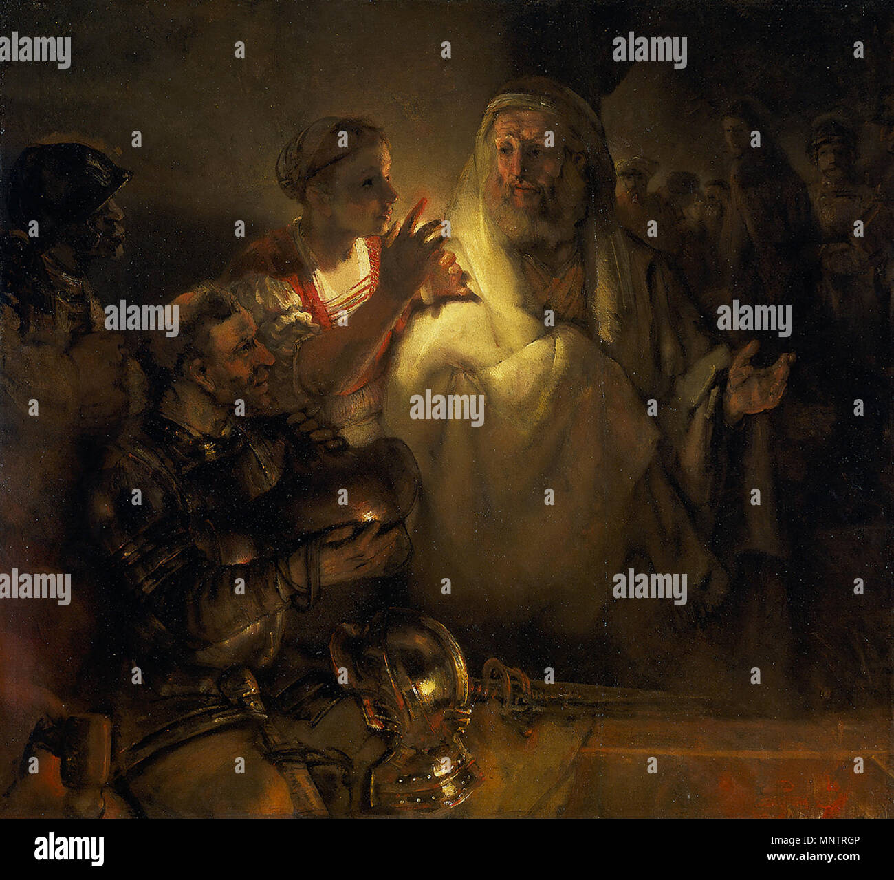 St il rinnegamento di Pietro . St Peters'denial. Con la sua mano sinistra il discepolo Pietro fa un gesto di negazione in risposta delle accuse formulate da Caiafa' serva, chi è in piedi accanto a lui in possesso di una candela. A sinistra due soldati in armatura sono presenti, uno dei quali è seduta al tavolo. A destra una catena di Cristo guarda sulla sua spalla mentre lui viene allontanata. 1660. 1052 Rembrandt La-denial-of-peter-1660 Foto Stock