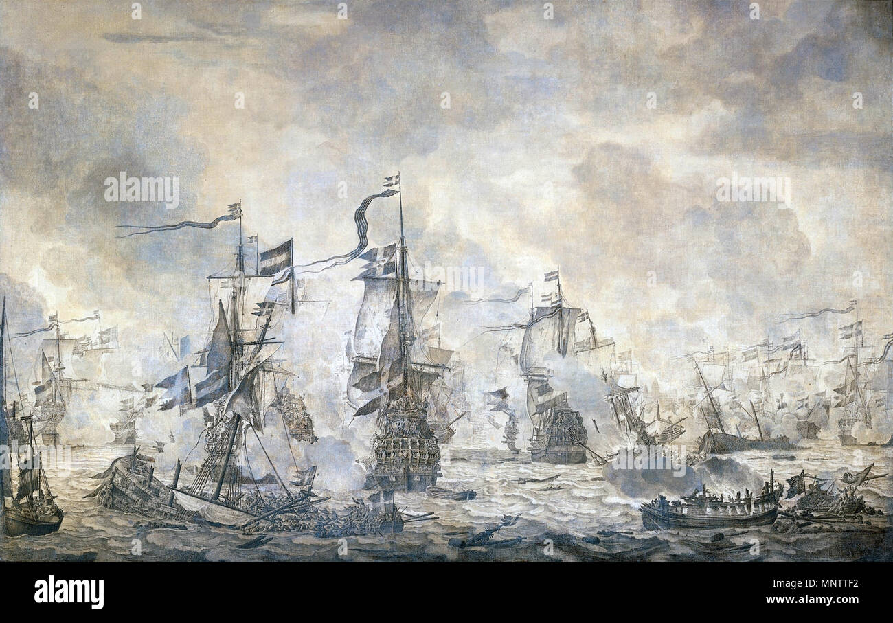 Episodio della battaglia del suono tra la parte olandese e svedese di flotte, 8 novembre 1658.[1] titolo alternativo(s): Episodio uit de scoria op het Sont, 8 nov 1658 algemeen overzicht na de zeeslag met o.a. de 'Carolus', de 'Eendraght', de " Wismar', de 'Brederode', de 'Pelikan', de 'Krona', de 'Amarant' en de 'Maria'.[2] 1665. 1128 scoria in de Sont - Battaglia del suono, 8 novembre 1658 (Willem van de Velde I, 1665) Foto Stock