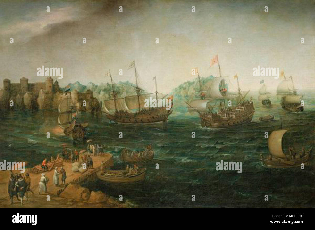 . Inglese: navi recanti le bandiere della olandese, l'inglese e lo spagnolo in una baia, credeva di essere in Indie Orientali. . 1614. Hendrick Cornelisz Vroom (1562/1563-1640) nomi alternativi Hendrick Vroom, Hendrick Cornelisz. Vroom, Hendrik Vroom Descrizione pittore olandese, disegnatore e incisore Data di nascita e morte 1562 o 1563 4 febbraio 1640 (sepolta) Luogo di nascita e morte Haarlem Haarlem sede di lavoro Haarlem, Siviglia, Livorno, Firenze, Roma, Venezia, Milano, Torino (1585-1590), Lyon, Parigi, Rouen, Gdansk, Spagna, Sao Huves competente controllo : Q578067 VIAF: 14763718 ISNI: 0 Foto Stock