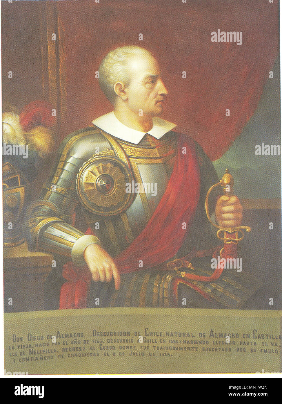 Diego de Almagro . Español: Colección del Museo Histórico Nacional de Chile (2009). La Pintura como Palazzo Histórica. Dirección de Bibliotecas, Archivos y Museos de Cile, Santiago de Cile Año 2009. Imagen consultada en el Fondo de Bibliografía Digital del Archivo Histórico del Guayas (AHG) Guayaquil, Ecuador. La Colecciòn de Retratos de los Presidentes del Coloniaje. La collezione di ritratti dei governatori del Cile è al Museo Histórico Nacional (Cile) e fu commissionato da Benjamín Vicuña Mackenna ha per il 1873 mostra coloniale e dipinta da vari artisti. Esso sostituisce una Foto Stock