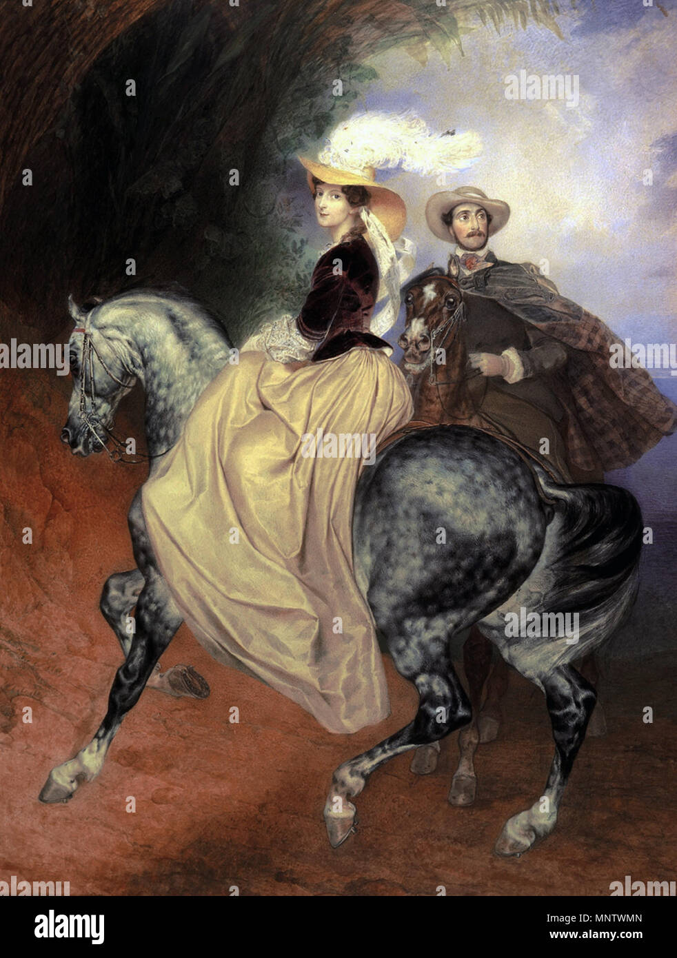 Inglese: Piloti. Ritratto di E.I. Myussara e E. Myussar . Nel 1849, sui consigli dei medici, Karl Briullov sinistra San Pietroburgo per l'isola di Madera, dove rimase per circa un anno. Tra i pochi della colonia russa sull'isola, Briullov si è incontrato con il Myussars. Evgeny Myussar (c. 1814-1896) è stato segretario del Duca Massimiliano e sua moglie la Granduchessa Maria Nikolaevna. Nel ritratto ad acquerello Evgeny è mostrato con la sua moglie Emily Myussar (c. 1823-1902). " Esso convoglia la consistenza di capi di abbigliamento e accessori - e il Myussars equestre. L'artista amava creare formale portrai equitazione Foto Stock