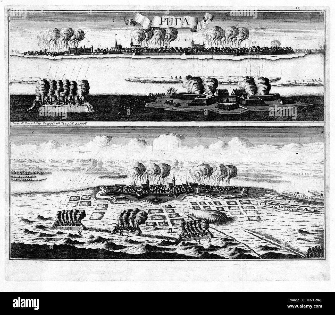 . Inglese: piano di riga Русский: ВИД И ПЛАН ОСАДЫ РИГИ 14 ИЮЛЯ 1710 года . 1713. DEWITT HENDRICK 1061 Piano di Riga da DEWITT - GMII Foto Stock