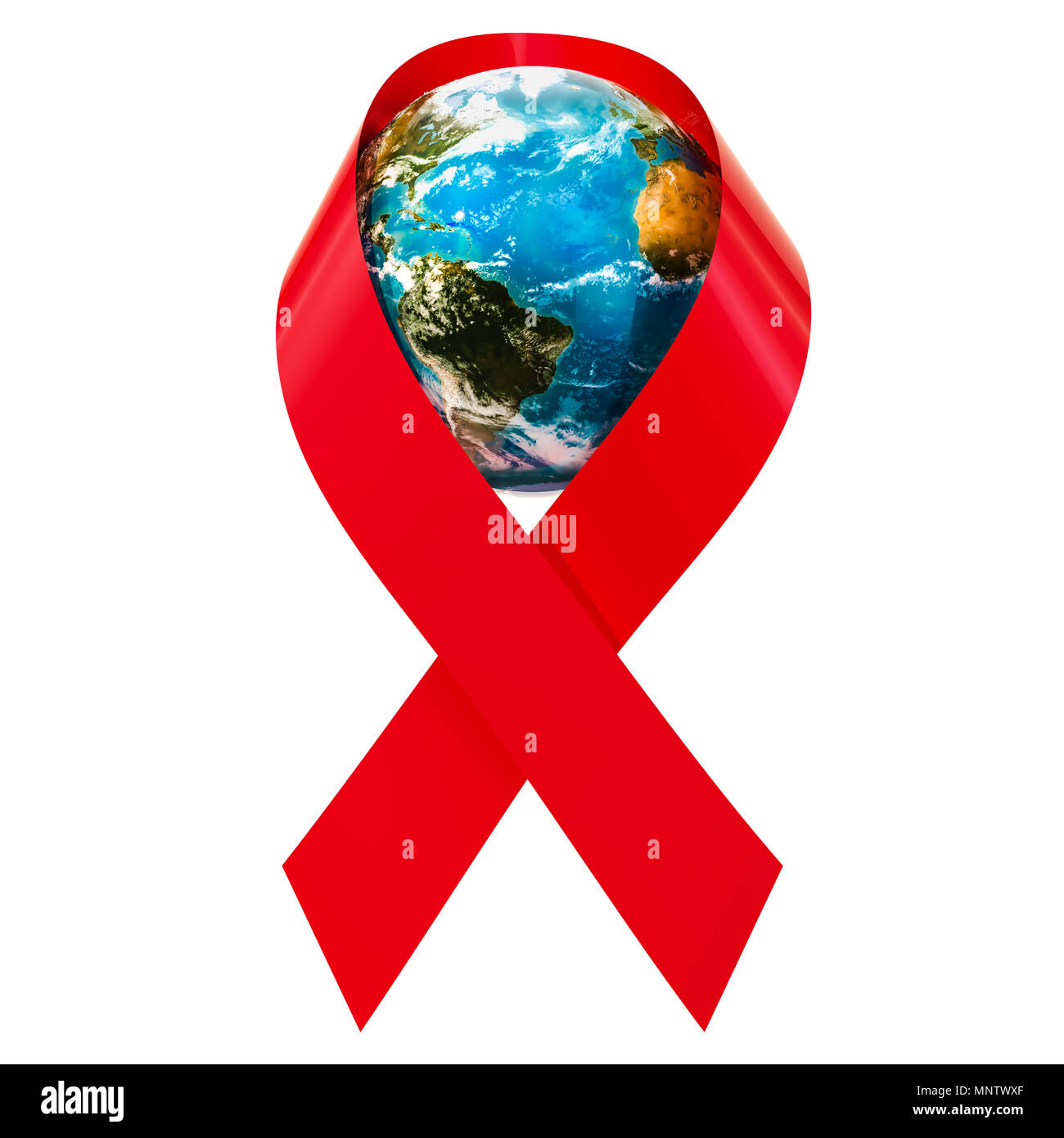 HIV AIDS Awareness nastro rosso con globo terrestre, rendering 3D isolati su sfondo bianco Foto Stock