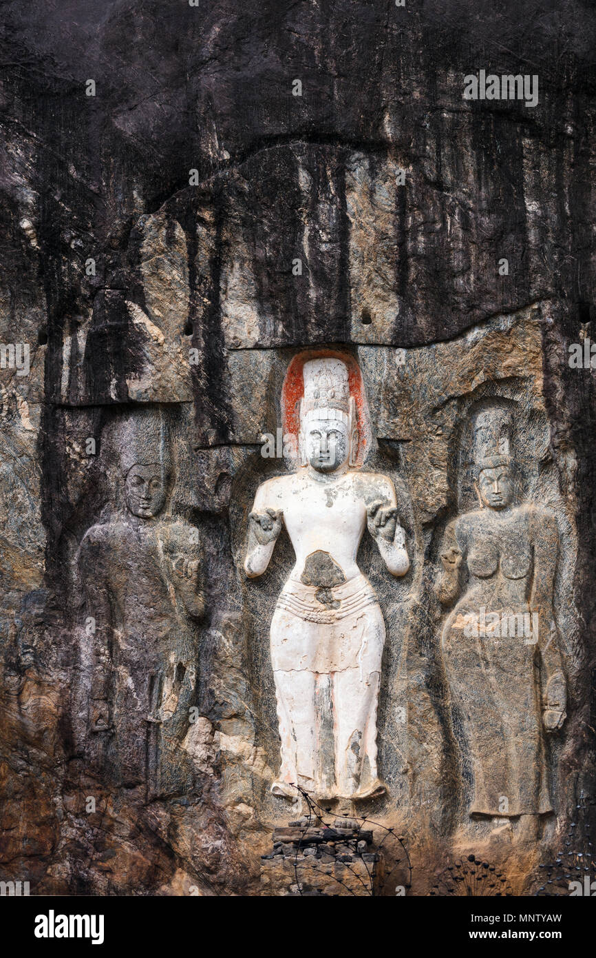 Buduruwagala tempio con ben conservate incisioni sulla parete in Wellawaya Sri Lanka Foto Stock