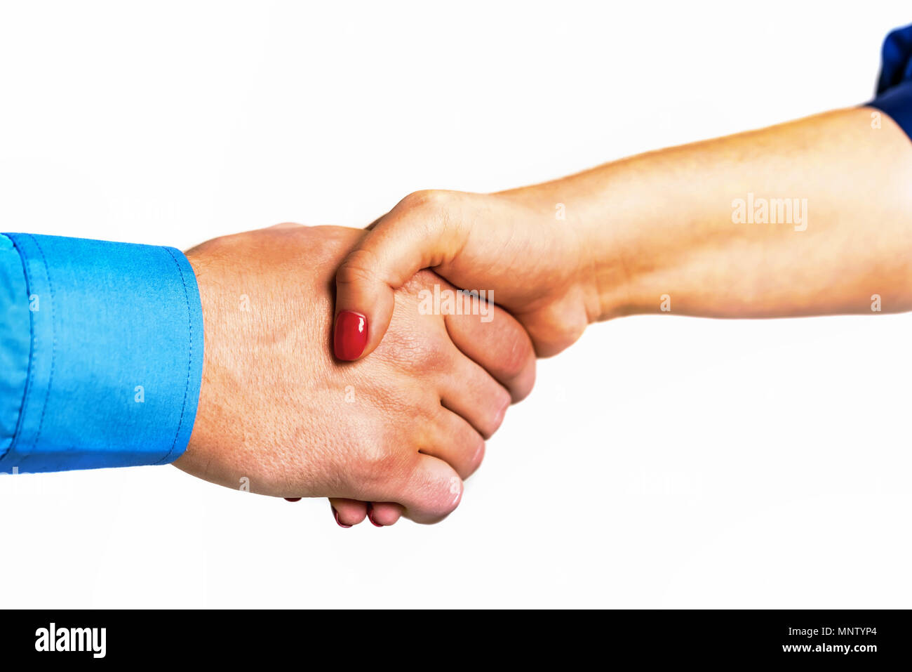 Maschio e femmina isolato di handshake Foto Stock
