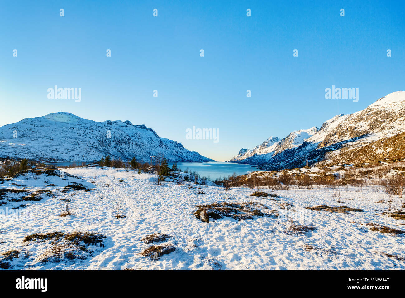 Paesaggio invernale di fiordi mozzafiato paesaggio di Senja isola nel nord della Norvegia Foto Stock
