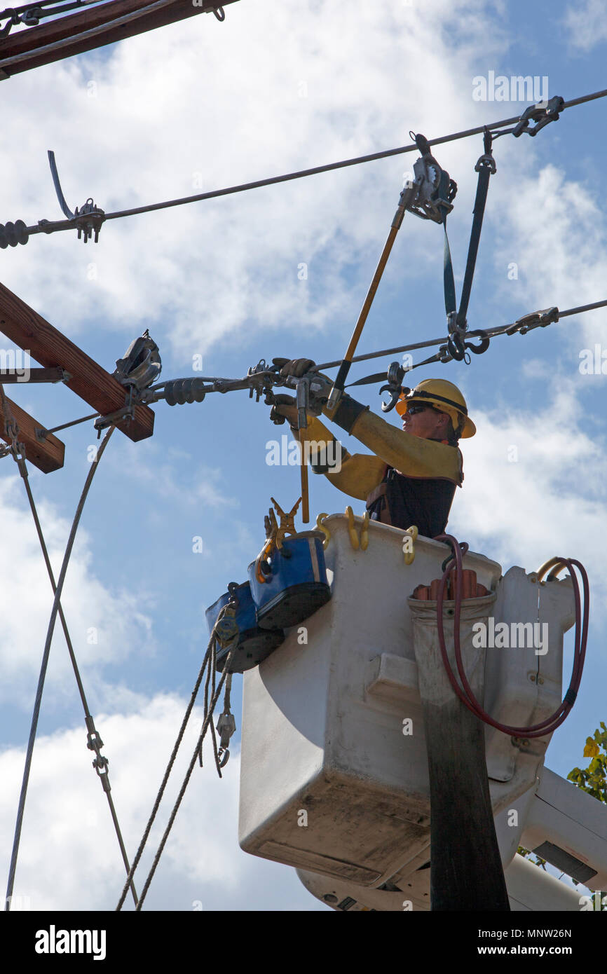Workman utilizzando elevazionesollevamento benna carrello installazione aggiornato il servizio elettrico lungo una strada rurale nel Vermont Foto Stock