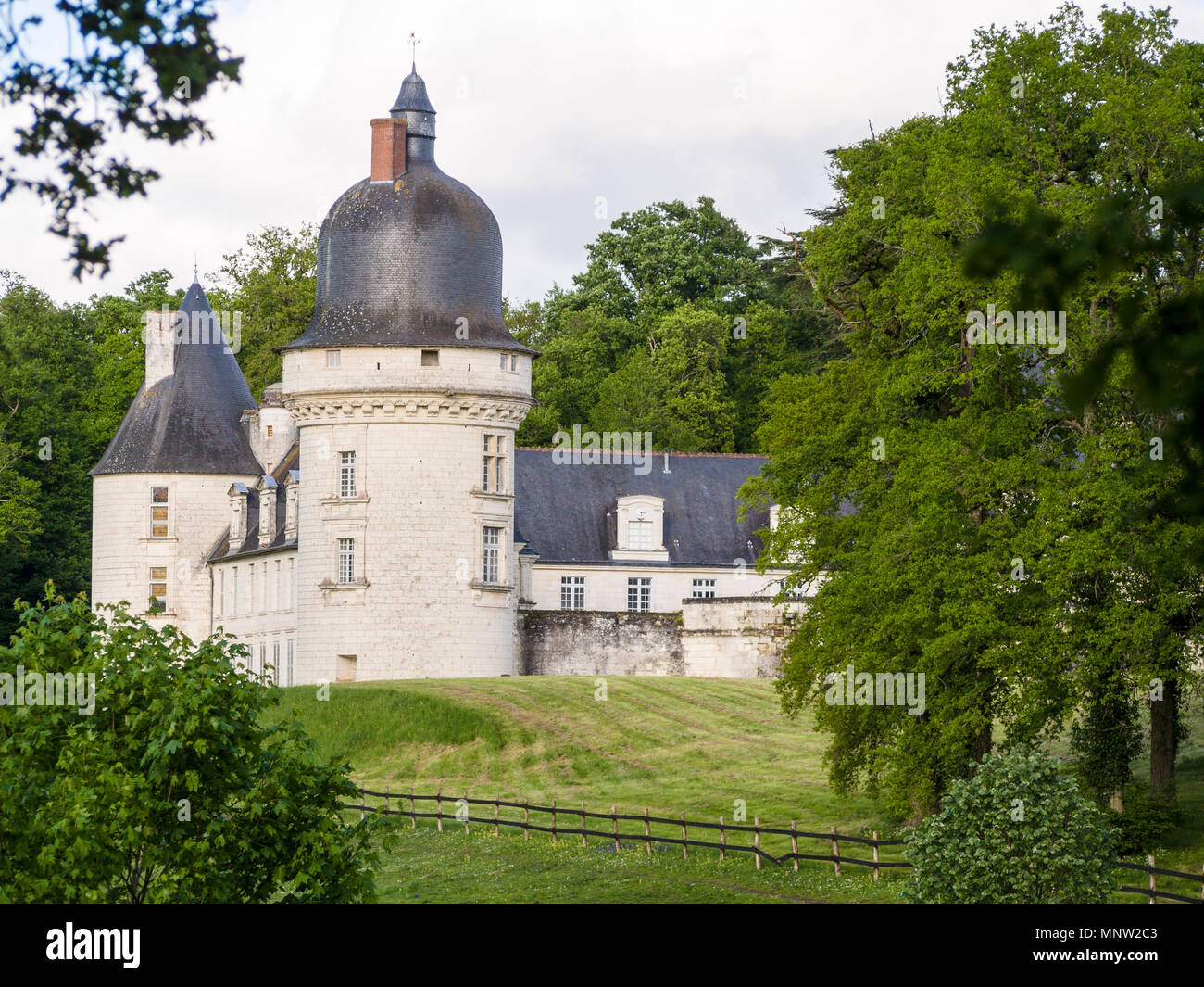Esterno vista laterale del Chateau du Gue-Pean: Questo ben conservato castello nella regione della Loira di Francia è circondato da un fiorente allevamento di cavalli. Foto Stock
