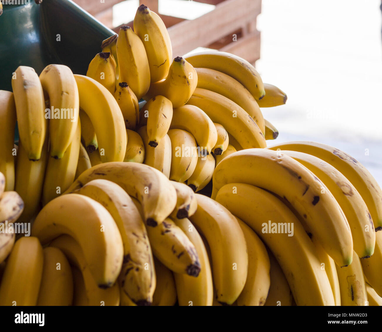Banane mature impilati in un mercato della frutta: il giallo e il nero mature mangiare banane sul display in un Tulum mercato della frutta. Foto Stock