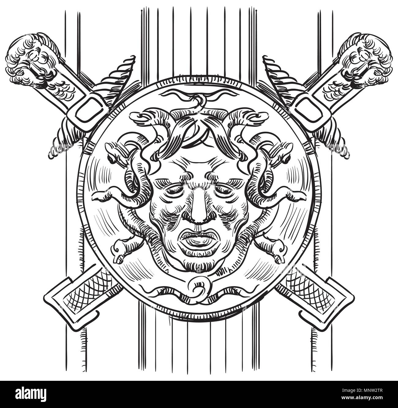 Antica strada carving reticolo con Gorgone vettore di disegno a mano illustrazione in colore nero isolato su sfondo bianco Illustrazione Vettoriale