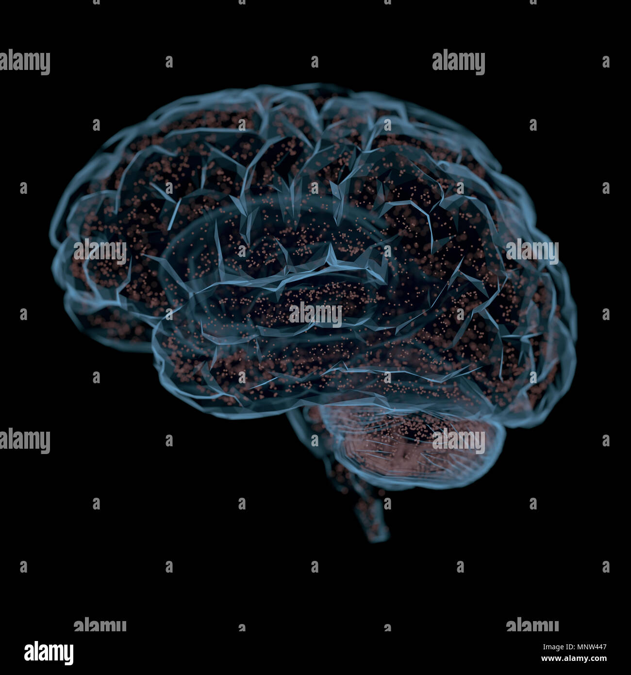 3D'illustrazione. Cervello umano in una struttura di connessioni poligonale che rappresenta la potenza della mente. Foto Stock