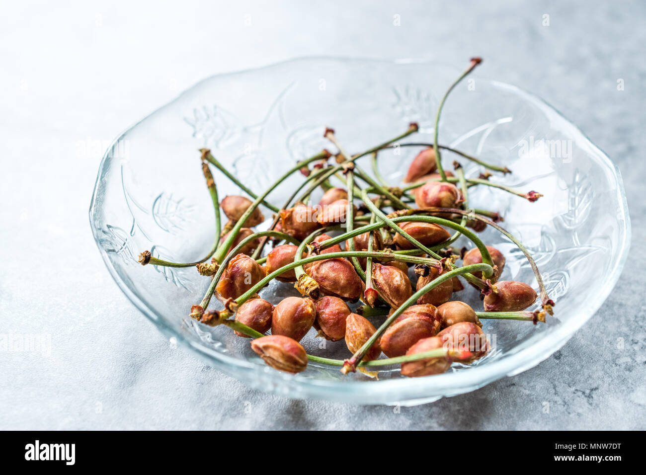 Semi di ciliegio con gambi / immondizia di frutta. Alimenti biologici. Foto Stock