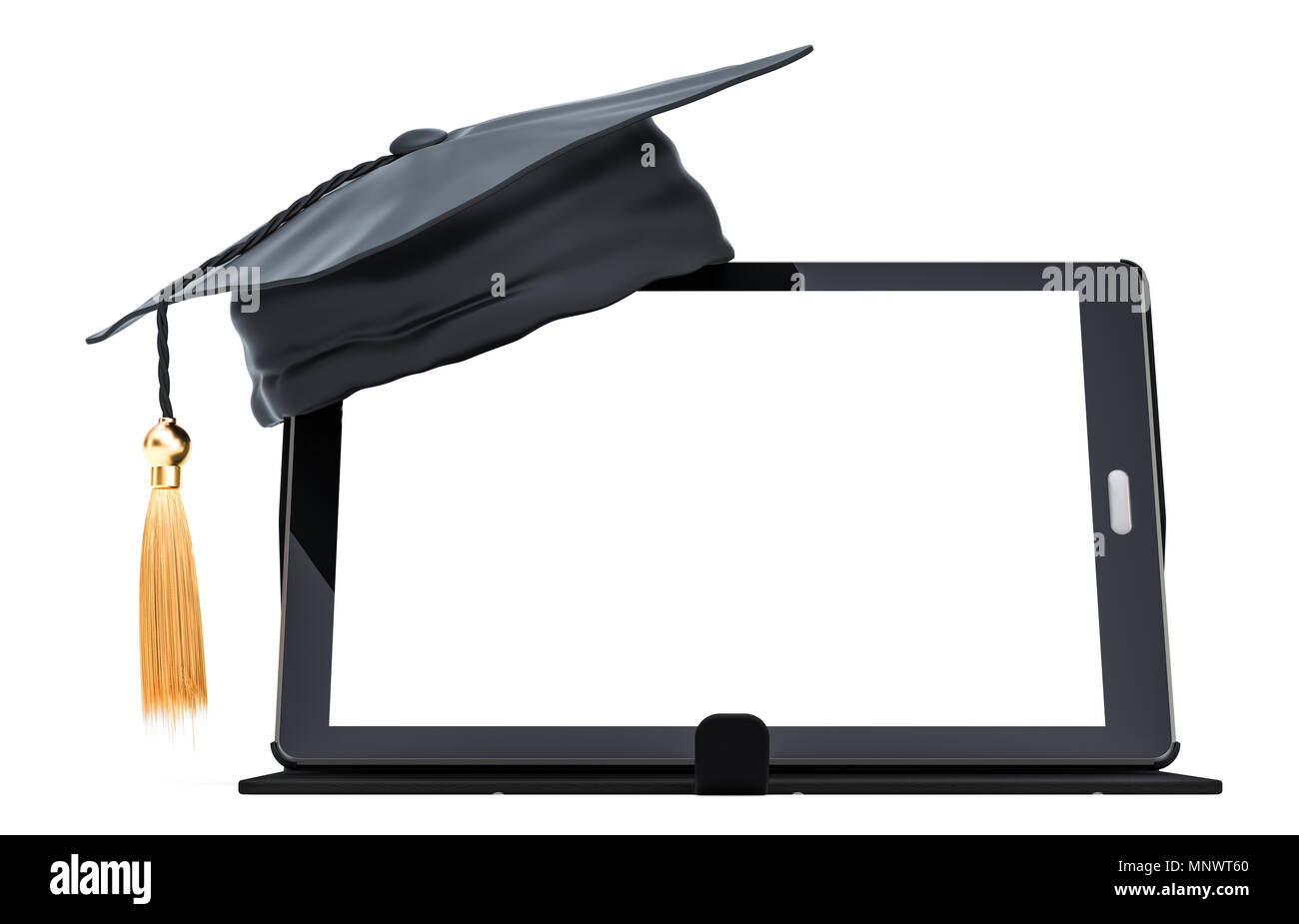 Tablet PC con graduazione cap. Online il concetto di istruzione, rendering 3D isolati su sfondo bianco Foto Stock