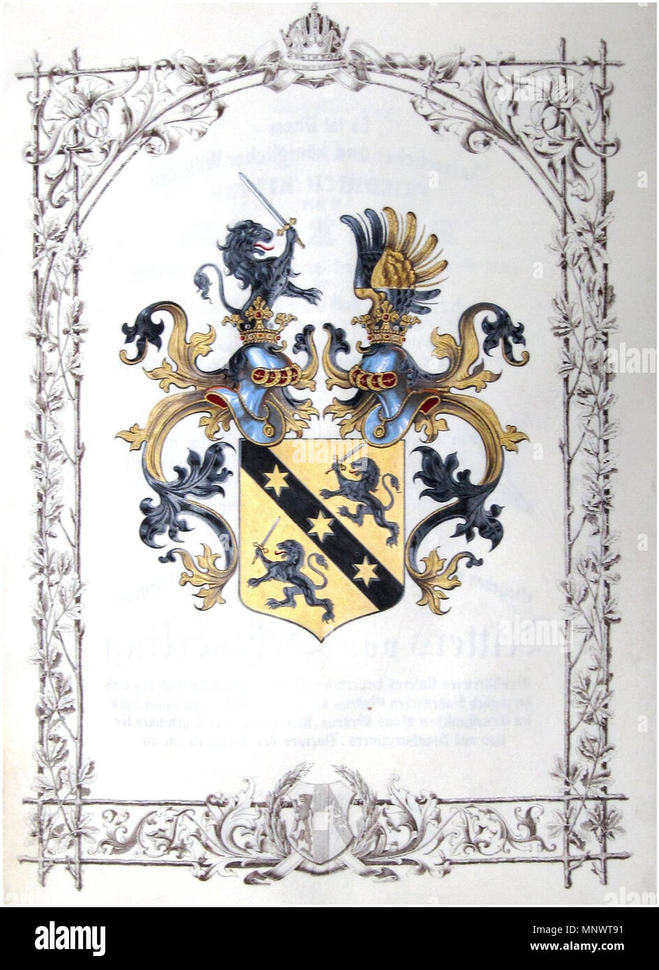 . Deutsch: Wappen aus dem Ritterstandsdiplom von Franz Joseph I. (Kaiser von Österreich 1848-1916) für Friedrich [Ritter von] Benesch. Ausgestellt Wien, 9. März 1865, mit eigenhändiger Unterschrift des Kaiser, Gegenzeichnung Staatsminister Anton Ritter von Schmerling. Pergamentlibell (formato 37 x 28,5 cm), 8 Seiten, teilweise farbige kalligraphische Handschrift auf gestochener Vorlage, farbige Wappenzeichnung. Bordeauxroter Samteinband, teilweise geprägt, mit goldgeprägter Doppeladlerdarstellung, anhängende Siegelkapsel in vergoldeter Bronzo (mit kaiserlichem Wappen auf dem Kapseldeckel), inn Foto Stock