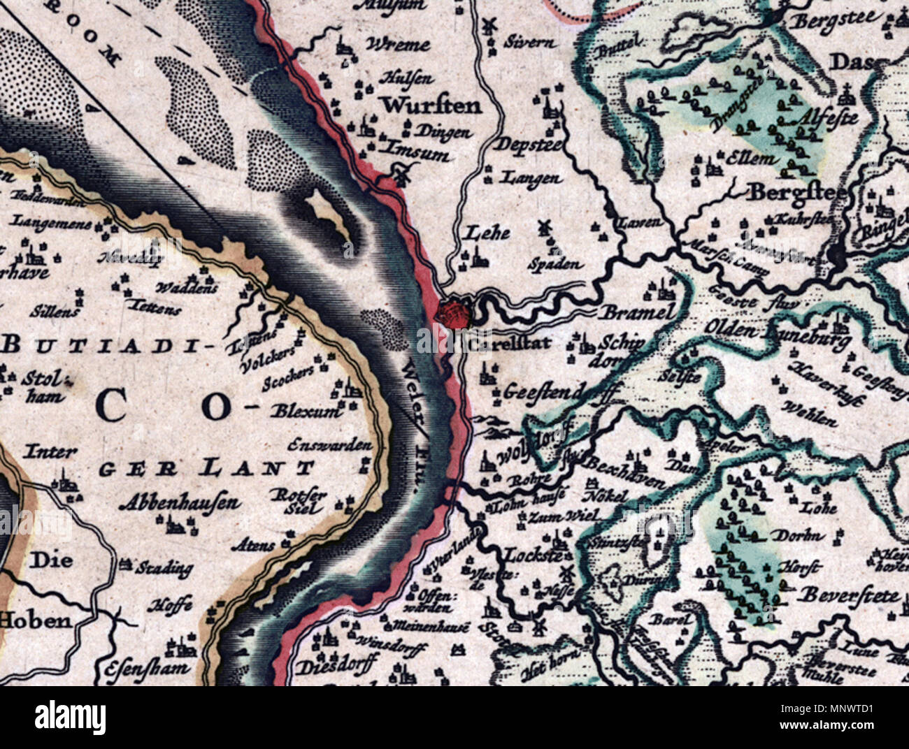 . Inglese: il ritaglio da una vecchia mappa della Herzogtümer Bremen und Verden ("Ducati di Brema e Verden"), Germania, realizzato intorno al 1685 da Nicolaes Visscher, che mostra la regione dell'estuario del fiume Weser. Deutsch: Ausschnitt aus einer alten Karte der Herzogtümer Bremen und Verden, um 1685 von Nicolaes Visscher erstellt, der die regione der Wesermündung zeigt. 1685. Nicolaes Visscher 852 Mappa della foce del fiume Weser (clipping) - 1685 Foto Stock